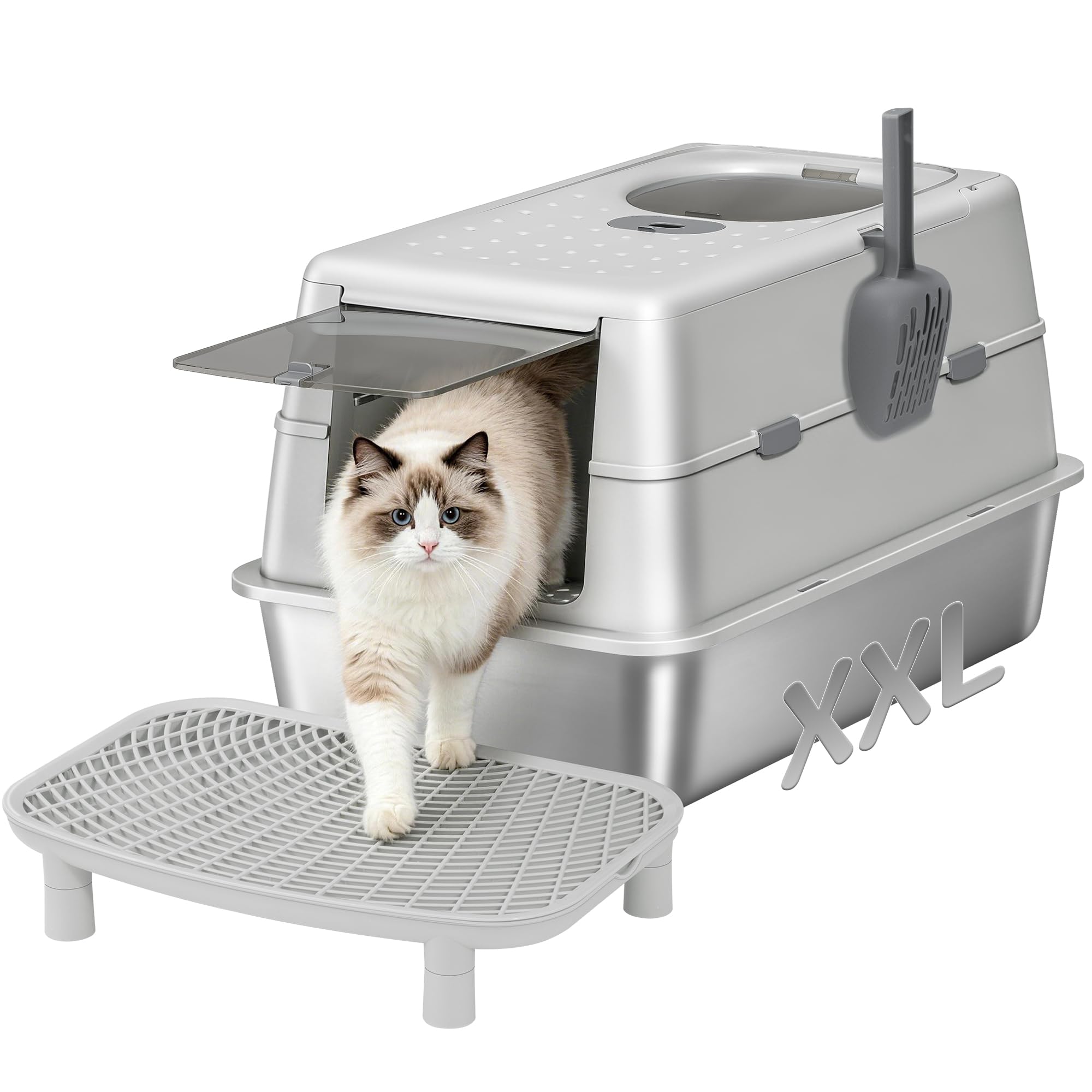 Hzuaneri Stainless Steel Cat Litter Tray with Flip Lid, XXL Large Metal Enclosed Cat Litter Box High Sided, Dual Door, Litter Scoop, Foot Step, Non-stick, Leak-proof, 60×40×42 cm, Light Gray LB89899G