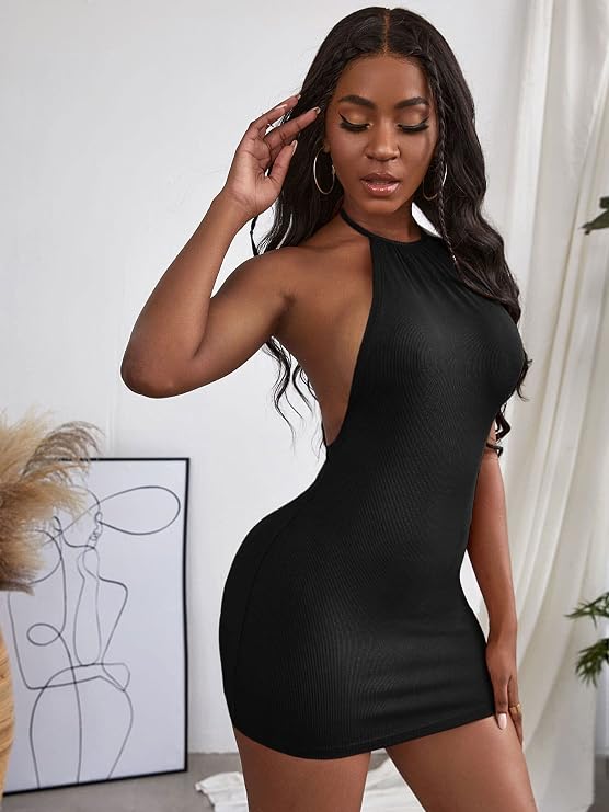 GORGLITTER Women's Open Back Backless Halter Mini Dress Sexy Club Dresses