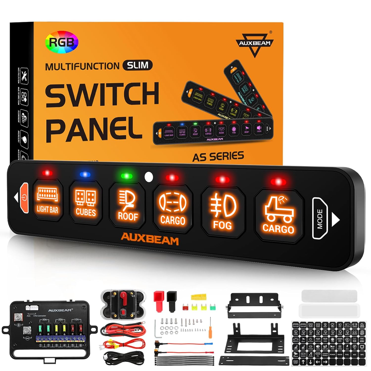 Auxbeam 6 Gang Slim Switch Panel RGB AS-R60 Automatic Dimmable Switch Panel with Toggle Momentary Pulsed Off Backlight Unique Patented Design Control Panel for Truck Offroad Boat, 3-Year Warranty