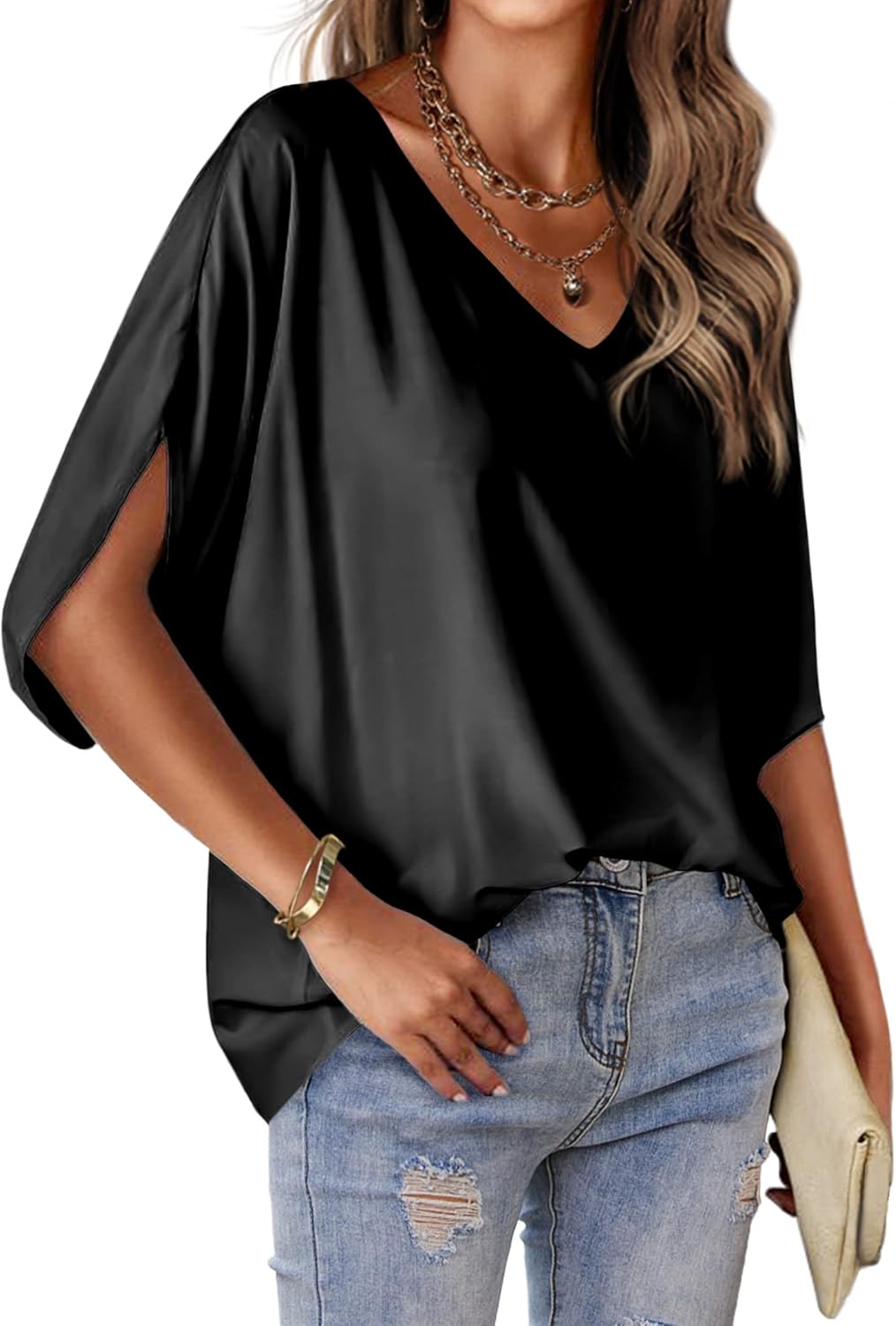 HOTOUCH Womens Business Casual Tops Satin Silk Dressy Blouses V Neck Formal Tops Batwing Half Sleeve Summer Shirt S-XXL