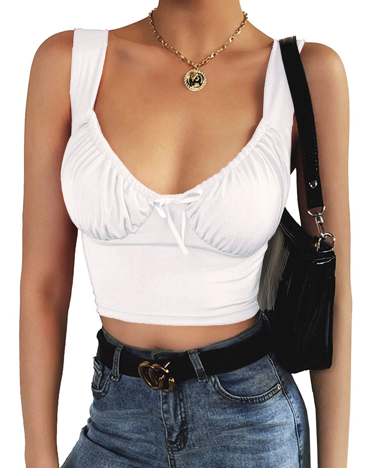 Arjungo Women's Vintage Sleeveless Bow Tie Ruched Bust Milkmaid Blouse Fitness Camisole Crop Tank Tee Top