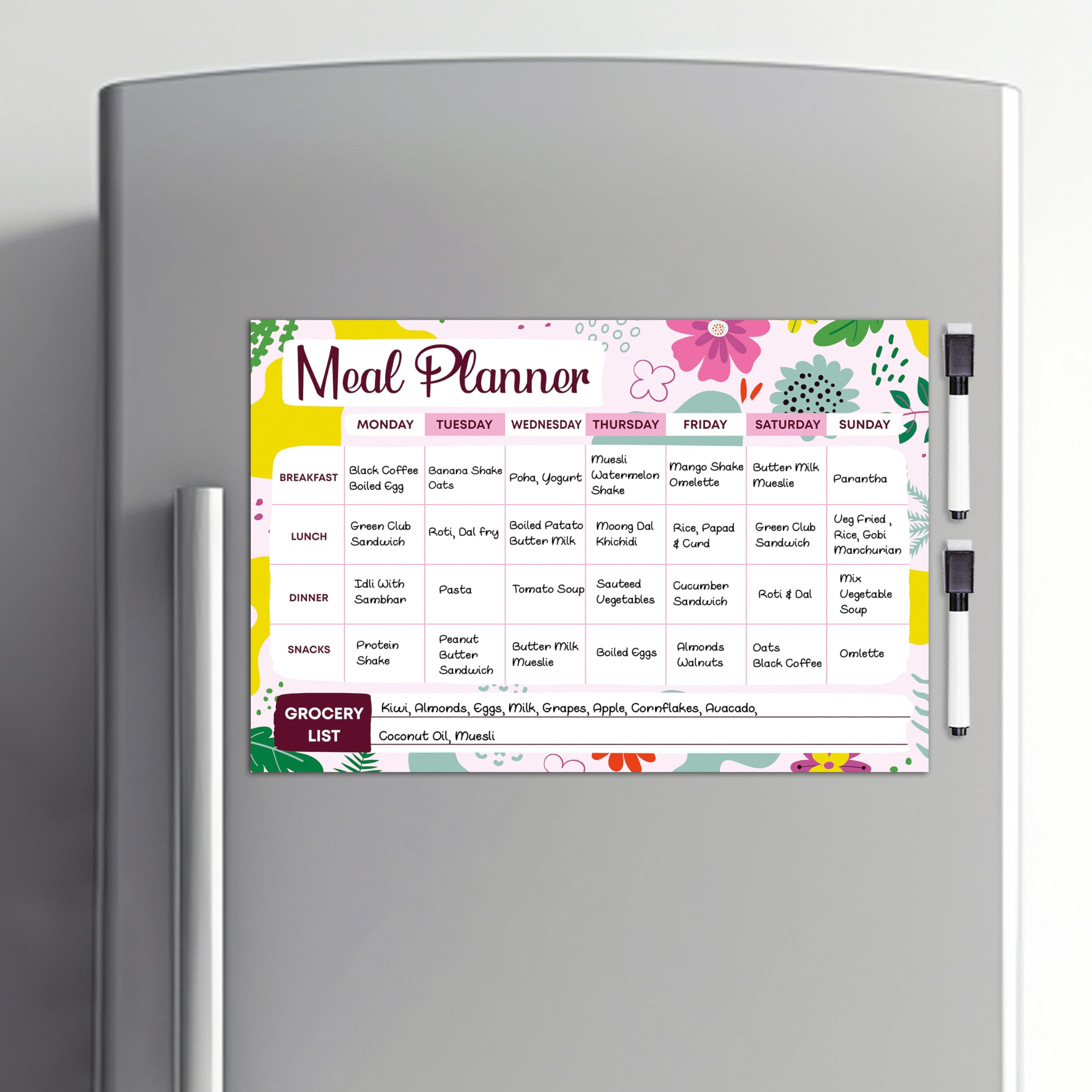 Rousrie Meal Planner Magnetic Fridge Weekly Schedule Smart Diet Planning With 2 Dry Erase Black Markers (Size - 45 cm by 30 cm) (Style 6)