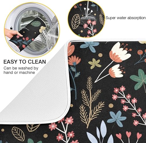 Miniatura 2 de Tapete de secado de platos de flores de fondo negro para encimera de cocina de 18 x 24 pulgadas, tapete de microfibra absorbente, tapete de secado