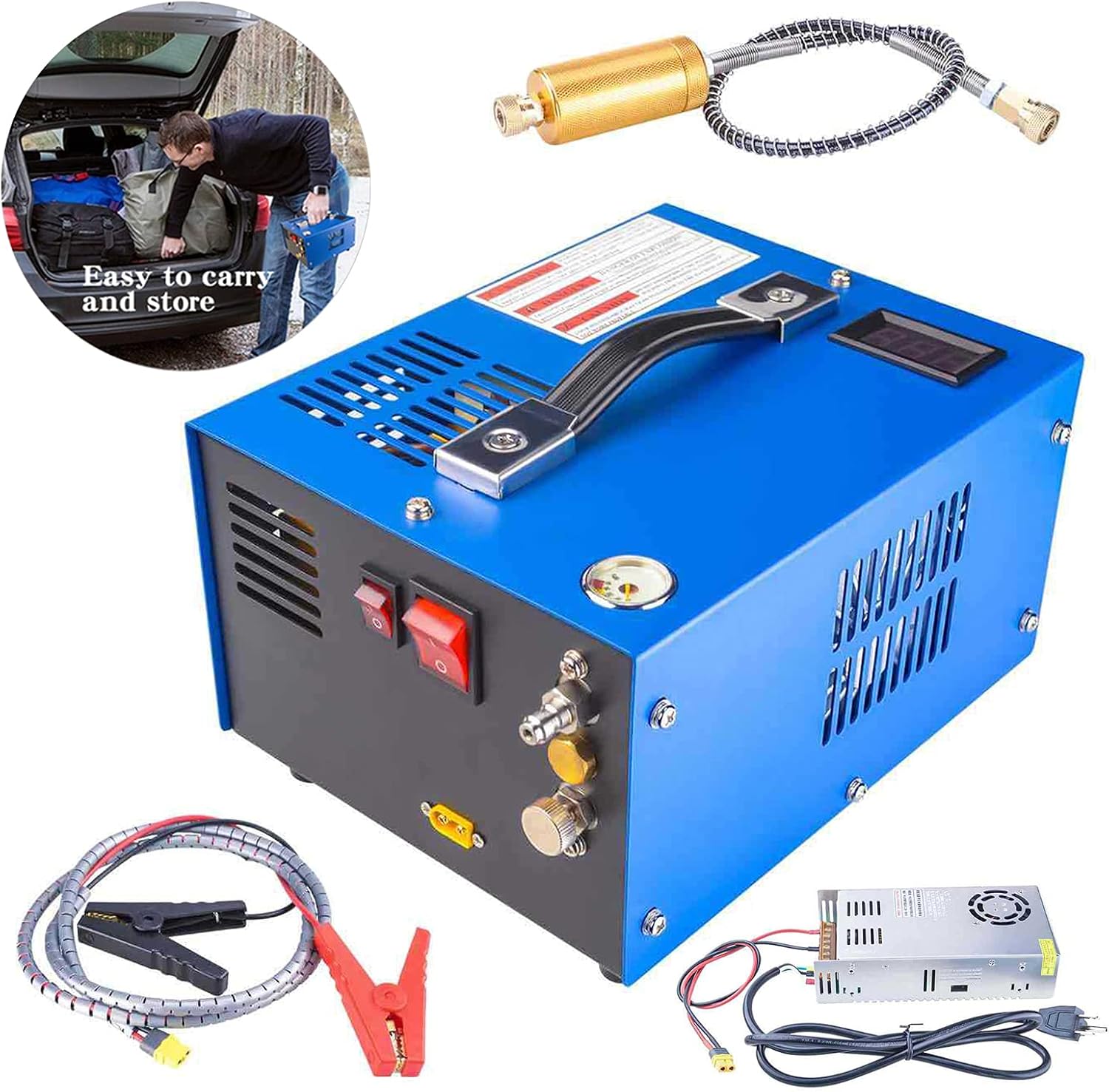 PCP Air Compressor, Portable 4500Psi/30Mpa, Water/Oil-Free,Powered by 12V Car DC or Home 110V AC with Power Converter and Oil-Moisture Filter