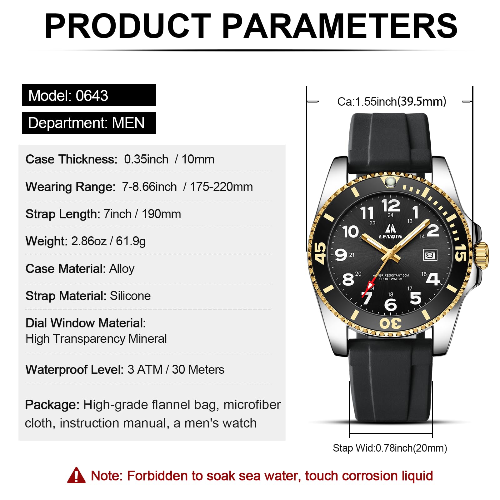 LN LENQIN Montre à quartz analogique pour homme - Étanche - Lumineuse - Bracelet en silicone et date
