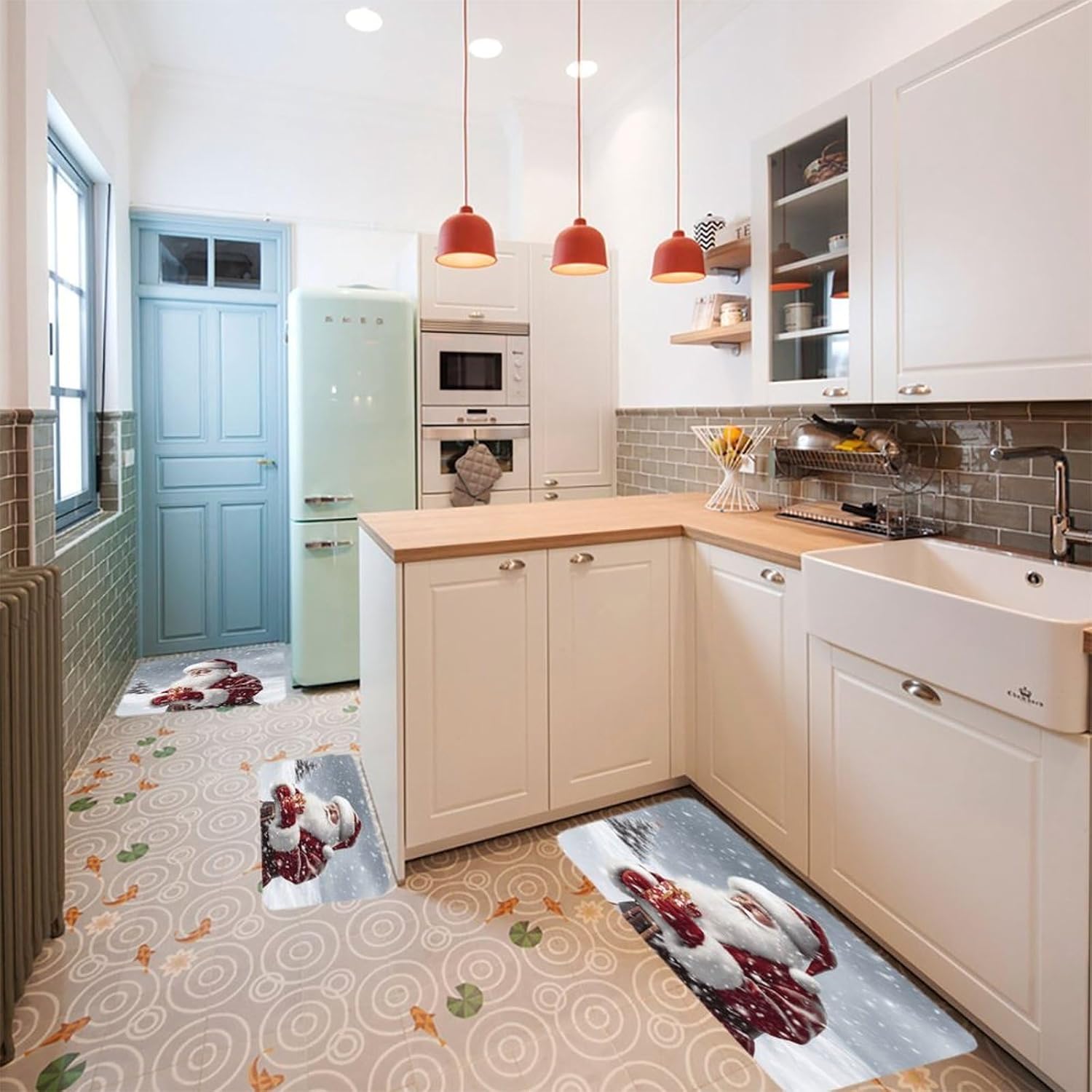 Santa Claus Snow Secenry Kitchen Mats Soft Absorbent Rugs for Floor Non Slip Washable Kitchen Mats Fashion Rectangular Rugs for Three-Piece Set for Laundry Office Home Sink