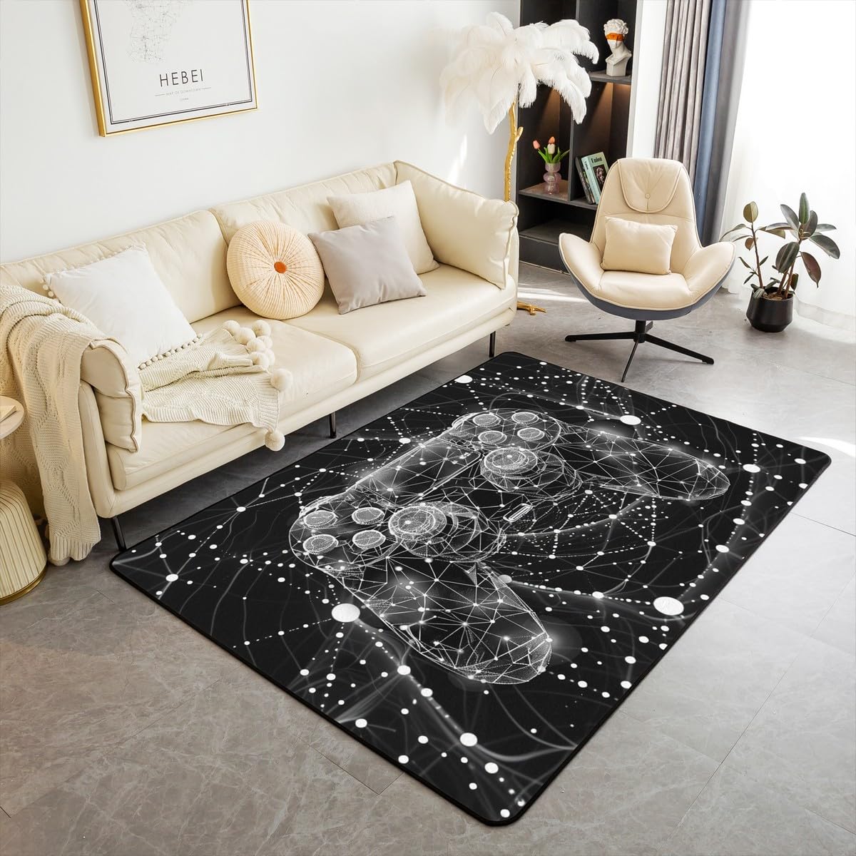 Loussiesd Biały dywan gamingowy dla graczy, 100 x 150 cm, kontroler gamepada, dywany do salonu, do sypialni, dla dzieci, chłopców, dziewcząt, konsola do gier, pajęczyna, antypoślizgowy, dekoracyjny