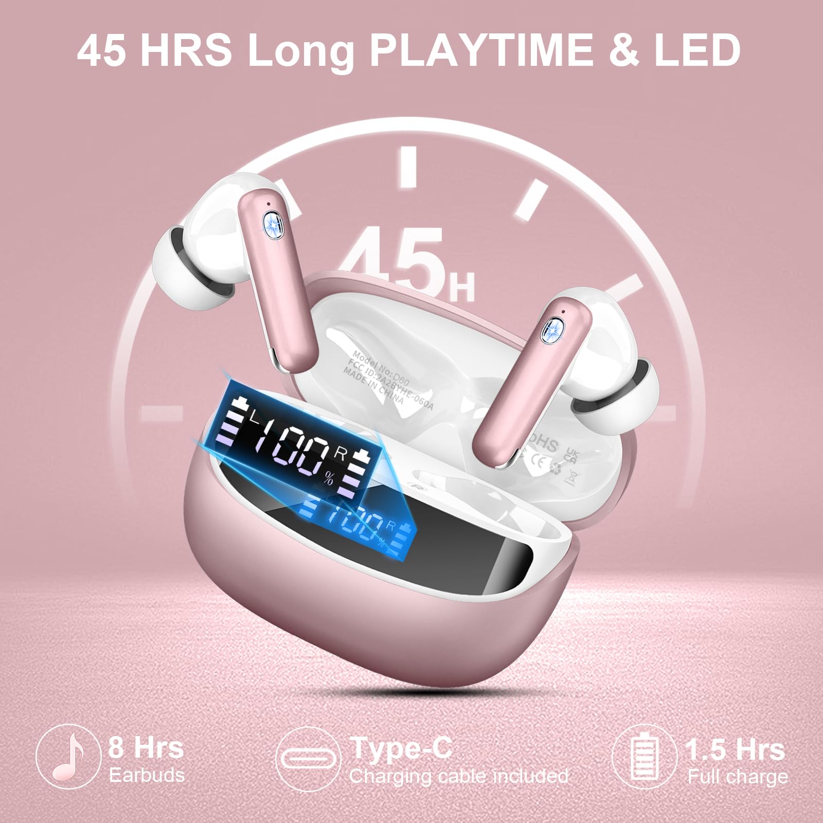 Cuffie Bluetooth, Auricolari Bluetooth 5.4 con 4 ENC Mic, 2025 Cuffiette Bluetooth In Ear Stereo HiFi, 45 Ore Cuffie Senza Fili con LED Display, Cancellazione Rumore , IP7 Impermeabili, Touch Control