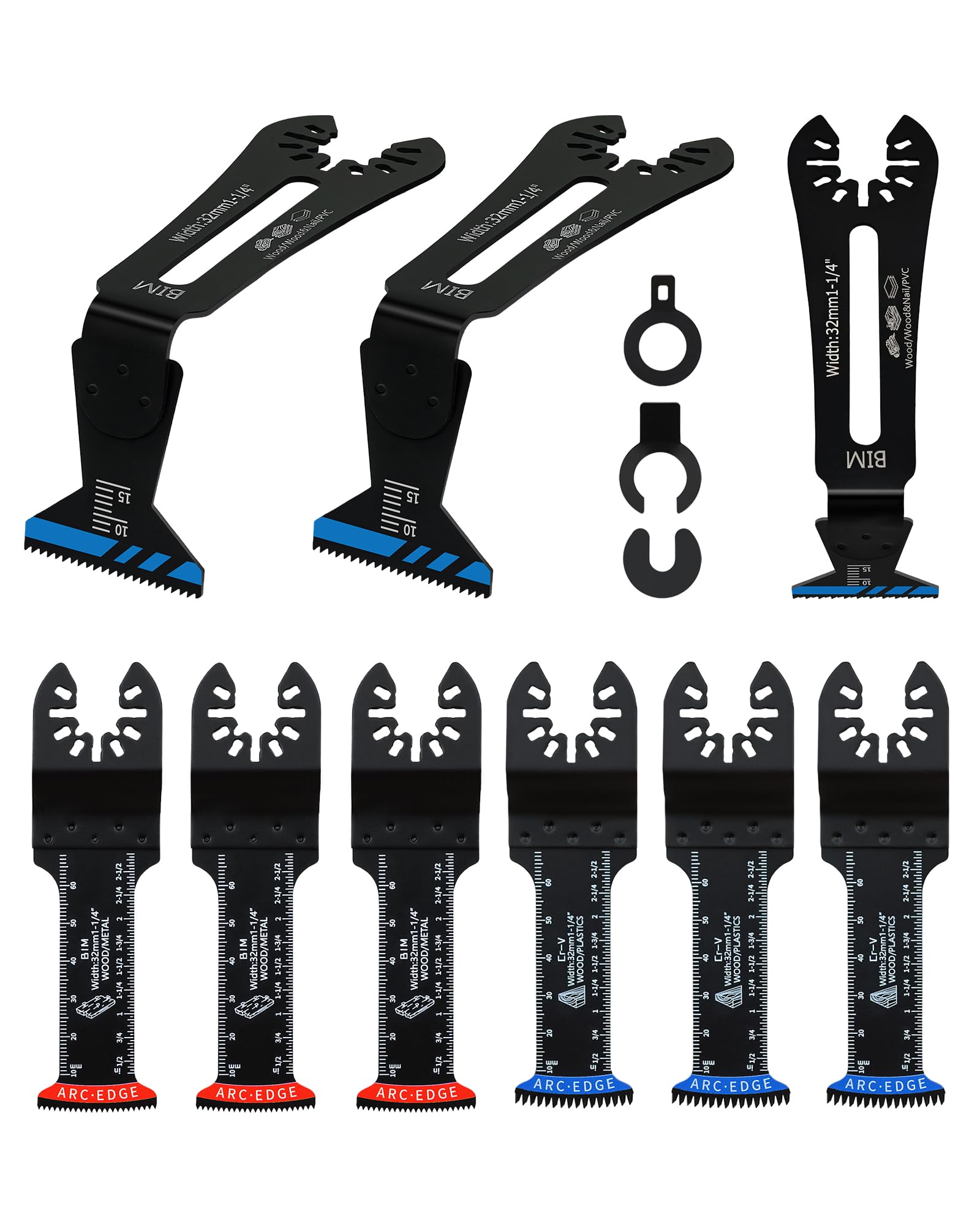 BRSCHNITT Reach Oscillating Saw Blades, 32MM*3 Universal Bi-Metal 90° Multitool Blades + 3 (BIM + Japanese-Tooth CR-V + Connectors),for Narrow or Corner Cutting (9-Pcs)