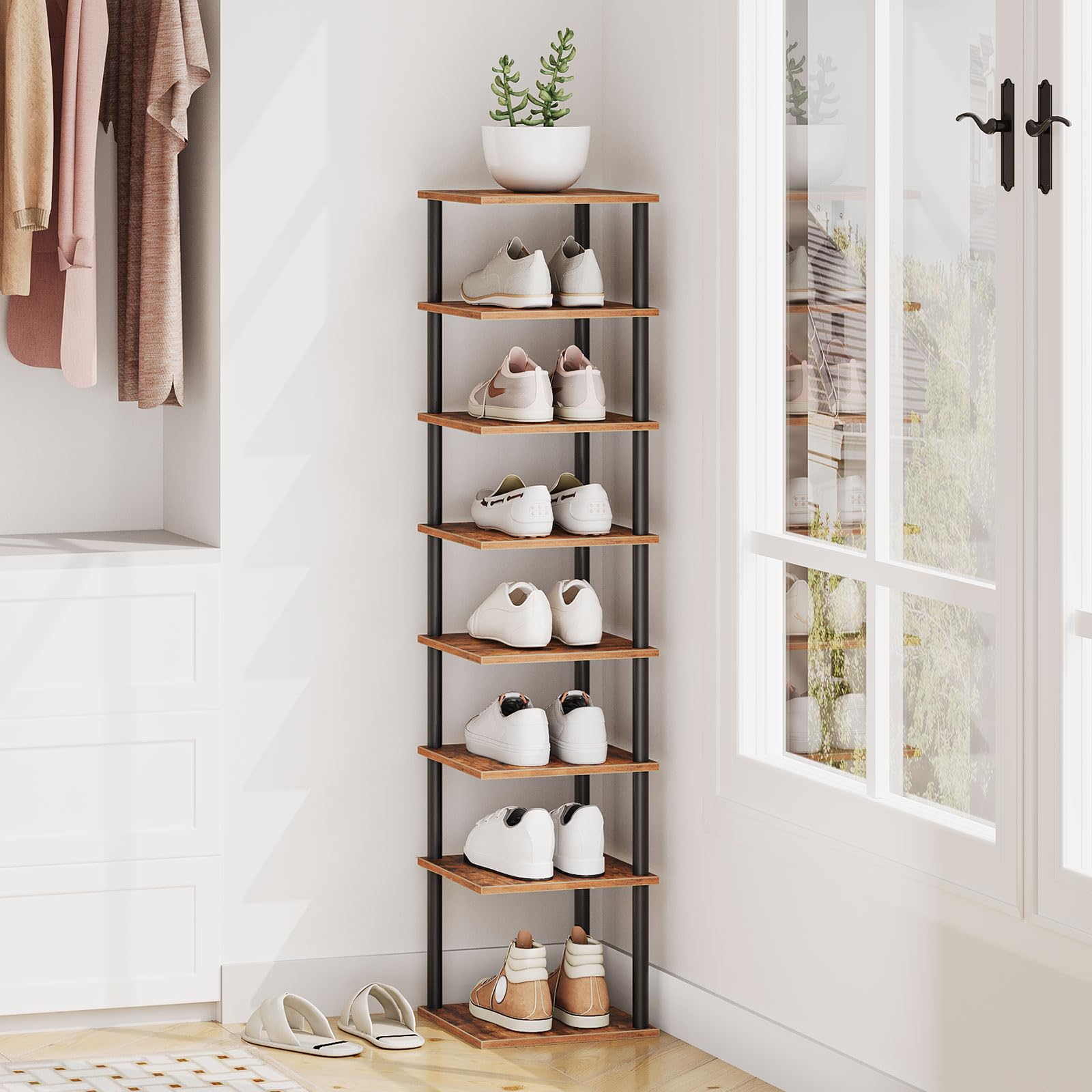 HOOBRO Schuhregal, 8-lagiges Eckschuhregal, schmales Schuhablage, Schuhschrank, Schuhständer, Flur, Schlafzimmer, Dunkelbraun-Schwarz EBF22XJ01