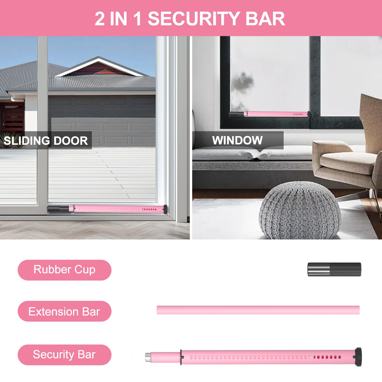 AceMining Barra de seguridad para puerta corrediza, barra de bloqueo de puerta corrediza de patio, barra de seguridad ajustable multiusos de 20 a 50 pulgadas, tope de puerta corrediza, rosa, 1 paquete