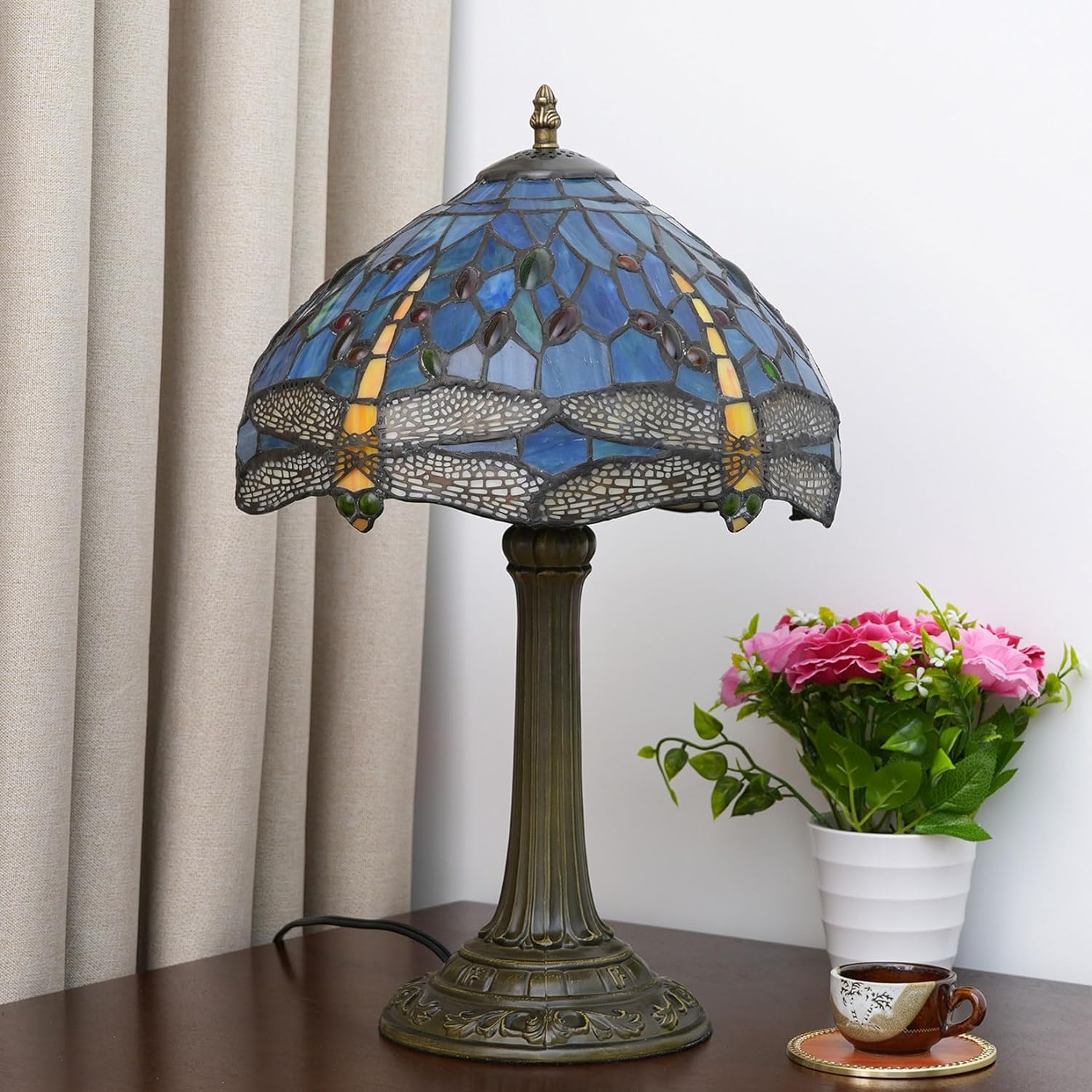 Lampa w stylu Tiffany'ego Witraż w stylu ważki Lampka nocna na biurko Lampka do czytania Wystrój Kochanka Dziewczyna Szafka nocna Sypialnia Salon Biuro w domu Komoda na biurko W12XH19 cali (a)