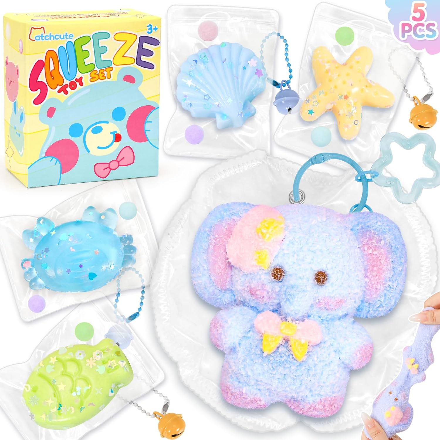 CatchCute Squishies Toys Set 5PCS, Squeeze Toys Soft Elephant Starfish Seashell Crab Sensory Fidget Toys for Stress Anxiety Relief, Sticky Toys Party Favors Birthday for Boys and Girls