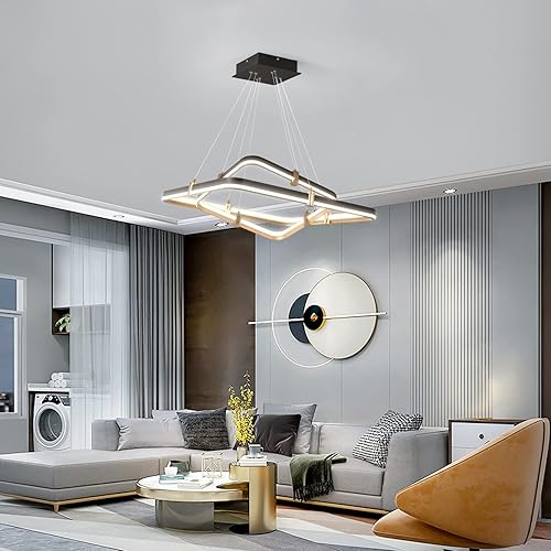 Miniatura 2 de Siittoo Lámpara de Araña Negra Moderna Luminaria para Comedor, Lámpara Colgante LED Regulable Moderna de 96W, Lámpara de Araña Rectangular de 2