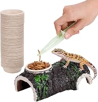 Gecko Cave Hideout & Feeding Ledge with 50 Bowls & Tongs - Hollow Trunk Shelter for Geckos, Juvenile Bearded Dragons, Lizards, Snakes, Frogs