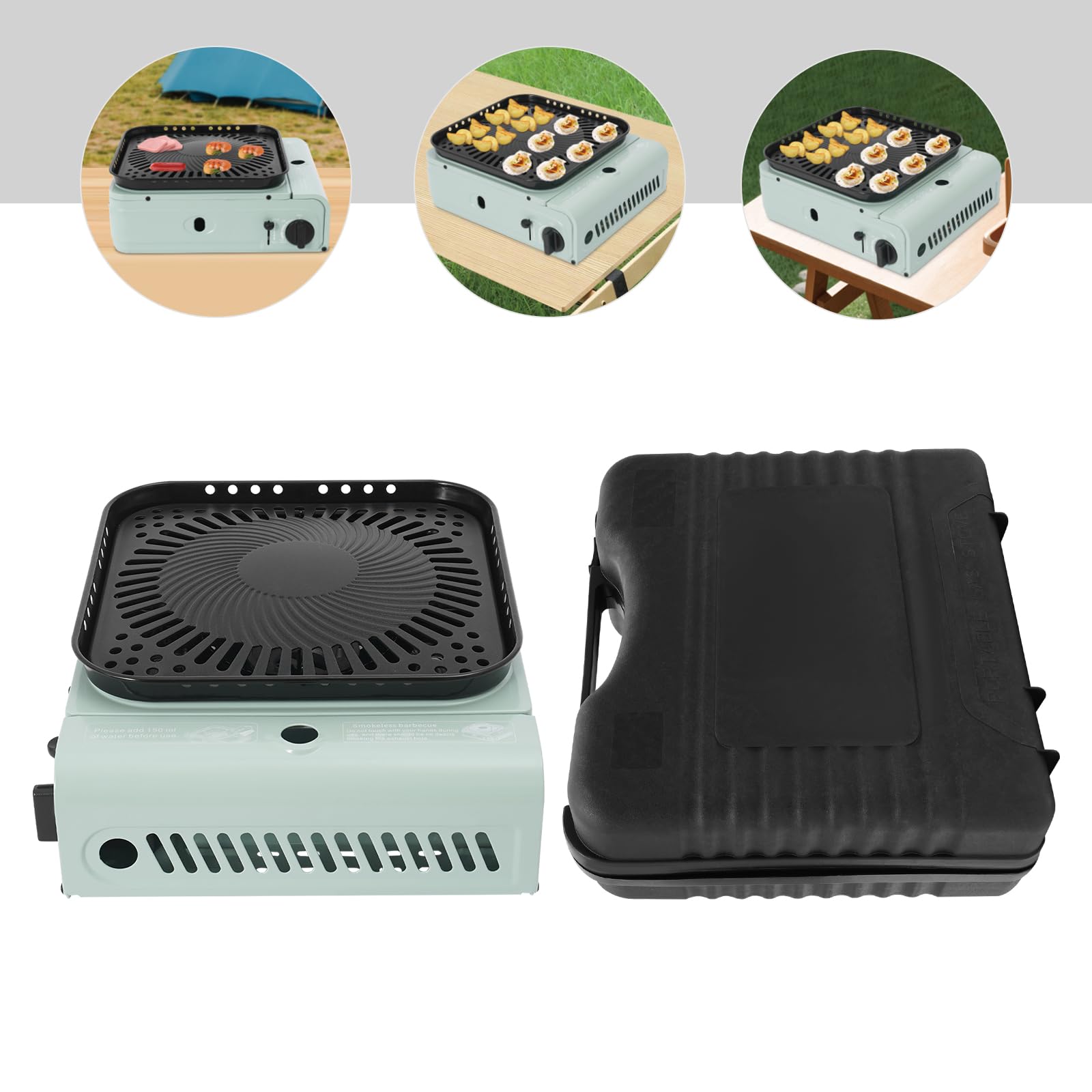 Barbecue de camping portable à gaz, butane ou propane 2 en 1 avec sac de transport, petit barbecue de table pour camping, randonnée, tourisme sac à dos (vert)