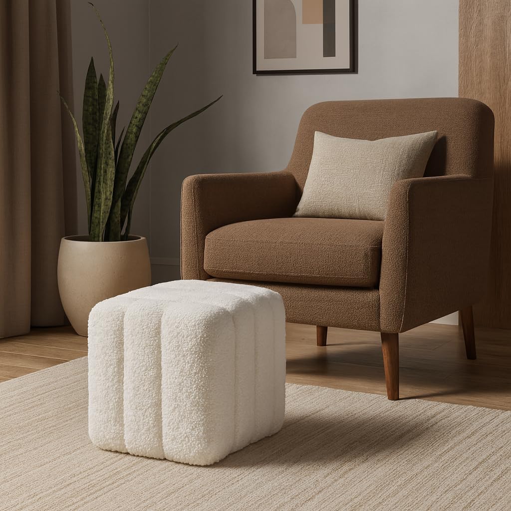 Decorative Ridged Square Ottoman for Home Decor - Stylish Ottoman Perfect for Vanity Chair, Bedroom Stool, and Office Decor - Upholstered Foot Rest for Living Room Furniture - 16", White