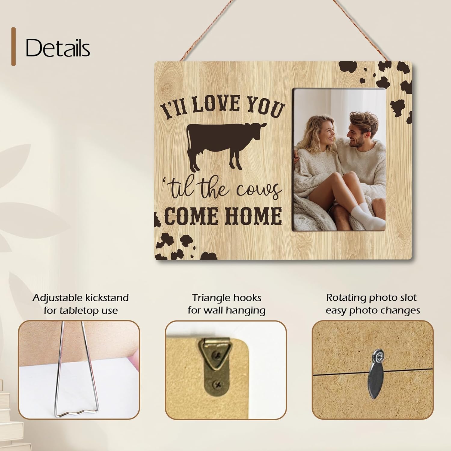 Anniversary Couple Gifts for Girlfriend Boyfriend, I Love You, Funny Farmhouse Cowgirl Romantic Couples Wooden Picture Frame Gifts, Fits 4x6 Photo Frame - Image 6