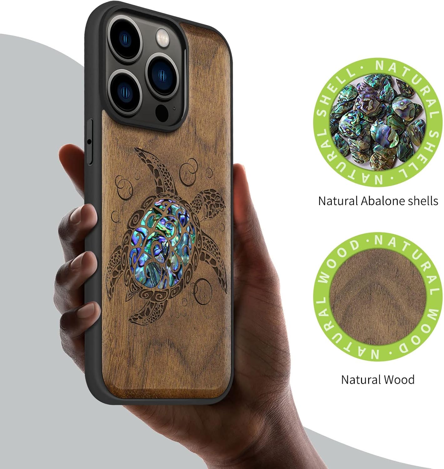 Carveit Designer Wooden Magnetic Protective Case for iPhone 14 Pro Case [Wood Engraving & Shell Inlay] Compatible with 14 Pro MagSafe (Sea Turtle-Walnut)
