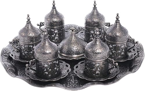 Miniatura 8 de Alisveristime Juego de 6 tazas de café turco expreso con platillo, tapa, diseño tradicional de tulipán otomano (varias variaciones de color) (Negro)