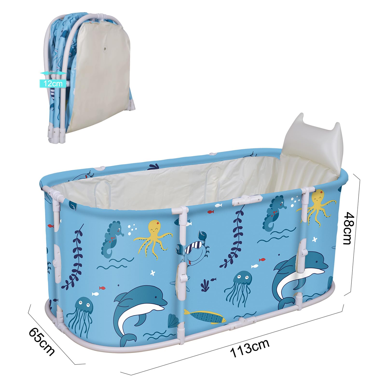 Baignoire Pliable Adulte - Pas Besoin d'Installation, Antidérapant, Pliage Facile - Pour Petite Salle de Bain, Douche, SPA - Avec Tubes en T Épais - 113x65x48cm (Bleu Clair)