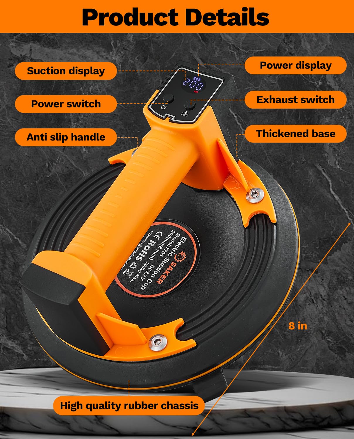 Saker Electric Suction Cup Tool - Vacuum Suction Cups to Lift Tile,Glass,Marble - 1500 mAh Built-in Rechargeable Battery - 440LBS/200 KG Max Load (2)