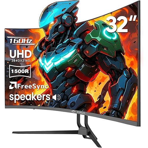 CRUA 32" Curved Gaming Monitor, 4k UHD(3840 * 2160P) VA Screen, 1500R, 144Hz/160Hz Computer Moniter, Supports AMD Freesync, 120% sRGB, Built-in Speakers, Wall Mountable Installs(HDMI 2.1/DP 1.4)-Black