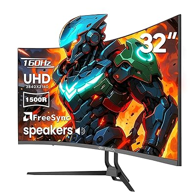 CRUA 32" Curved Gaming Monitor, 4k UHD(3840 * 2160P) VA Screen, 1500R, 144Hz/160Hz Computer Moniter, Supports AMD Freesync, 120% sRGB, Built-in Speakers, Wall Mountable Installs(HDMI 2.1/DP 1.4)-Black