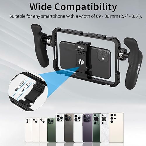 Miniatura 2 de Nitze Jaula para teléfono inteligente con asas laterales, kit de jaula universal de aluminio para teléfono inteligente, aparejo de video para