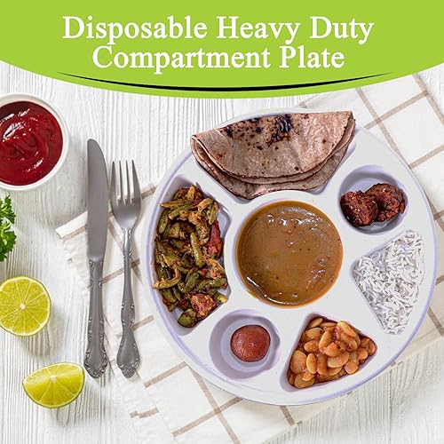 Miniatura 6 de three leaf Plato redondo de bagazo de 7 compartimentos, 50 unidades, platos de bagazo desechables resistentes y ecológicos, 100% biodegradables,