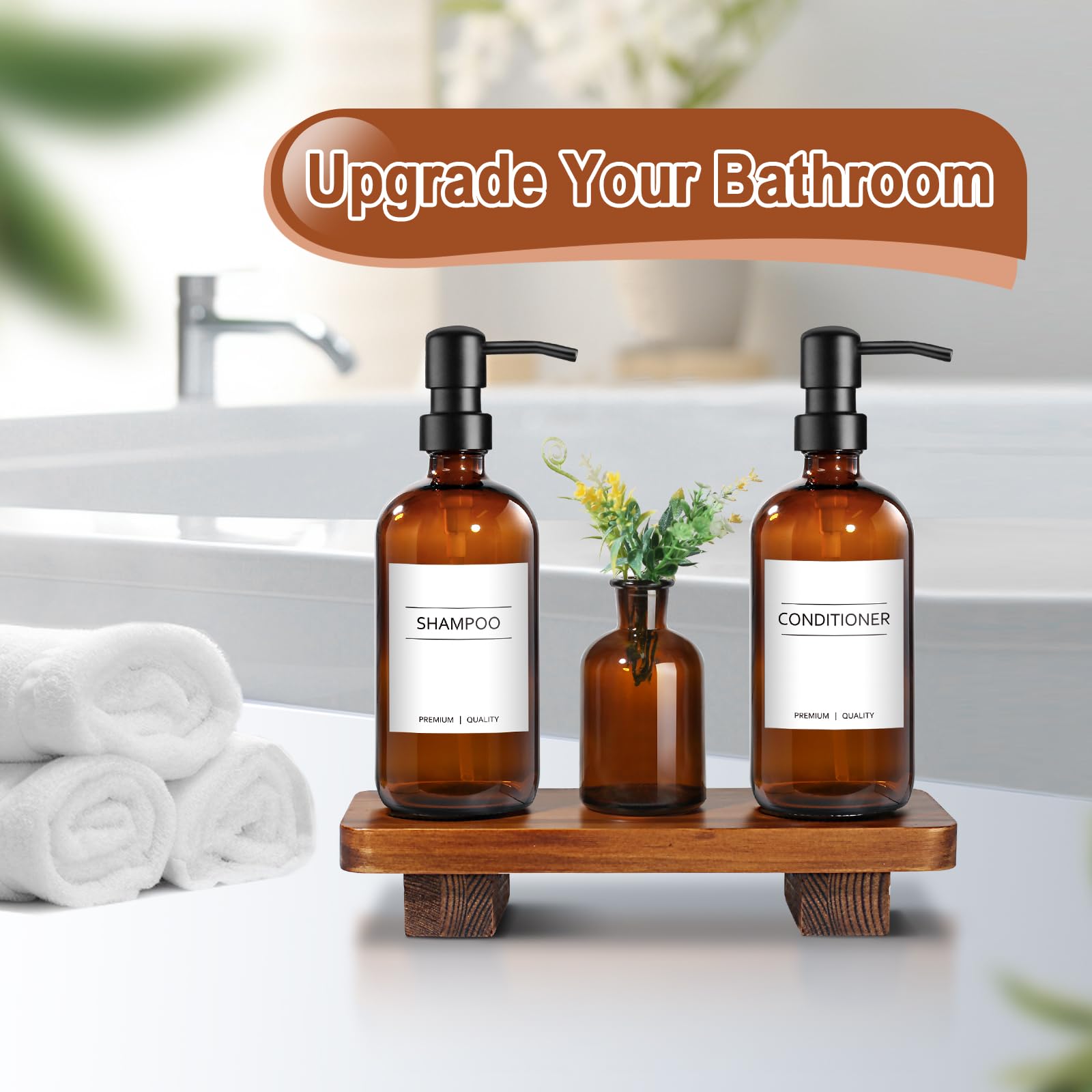 Set Dispenser Sapone In Vetro Ambrato Con Vassoio In Legno E Ferro - 2 Erogatori + Pianta Finta