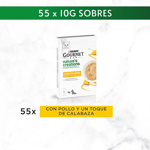 Foto 2 de 6 de Purina Gourmet Nature's Creations Puree, Snack, premio para Gato adulto con Pollo y Calabaza