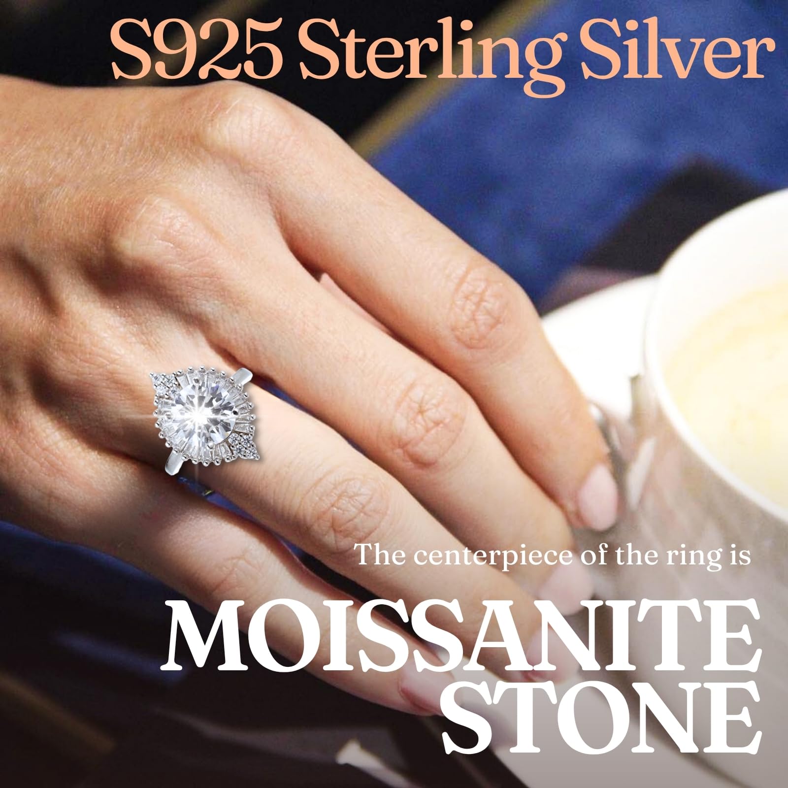 HALUKAKAH Anillo para Mujer con Moissanita D3,0 ct Plata de Ley 925 Baño en Platino con Certificado,Diamantes de Laboratorio Etéreos en Redondo Engaste Garras,para Compromisos,Bodas,Talla Ajustable