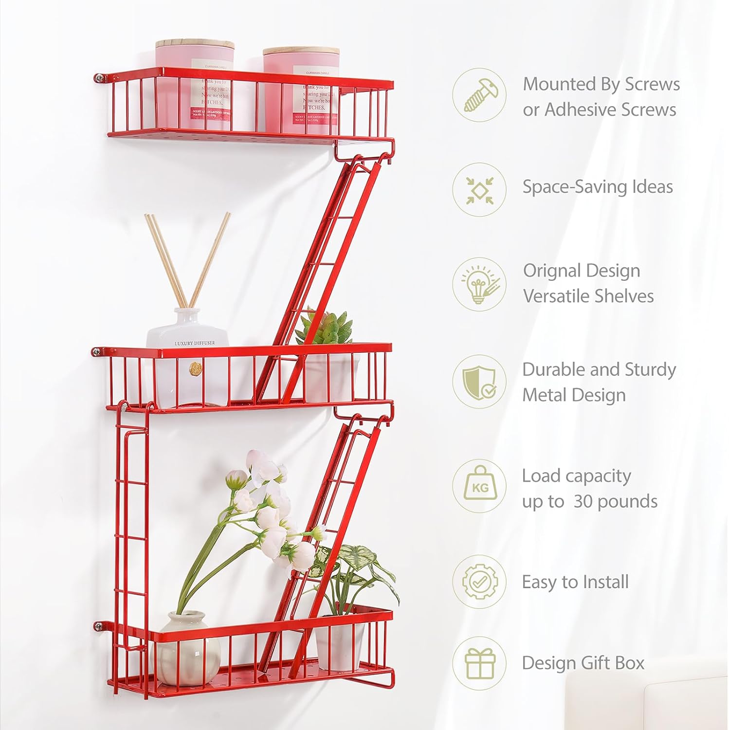 SweetSage Fire Escape Wall Shelf Red - New York Wall Art Decorative Figure Display Floating Shelves Metal Racks for Living Room, Home Office Storage (3-Tier)