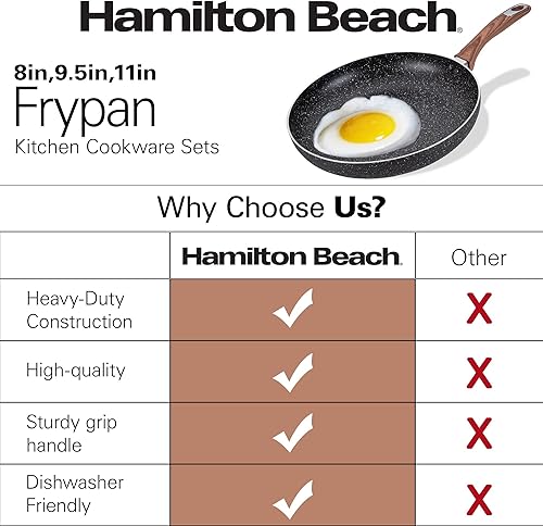 Miniatura 6 de Hamilton Beach Juego de 3 sartenes antiadherentes de mármol de aluminio con parte inferior de inducción mango suave al tacto negro 89511 pulgadas