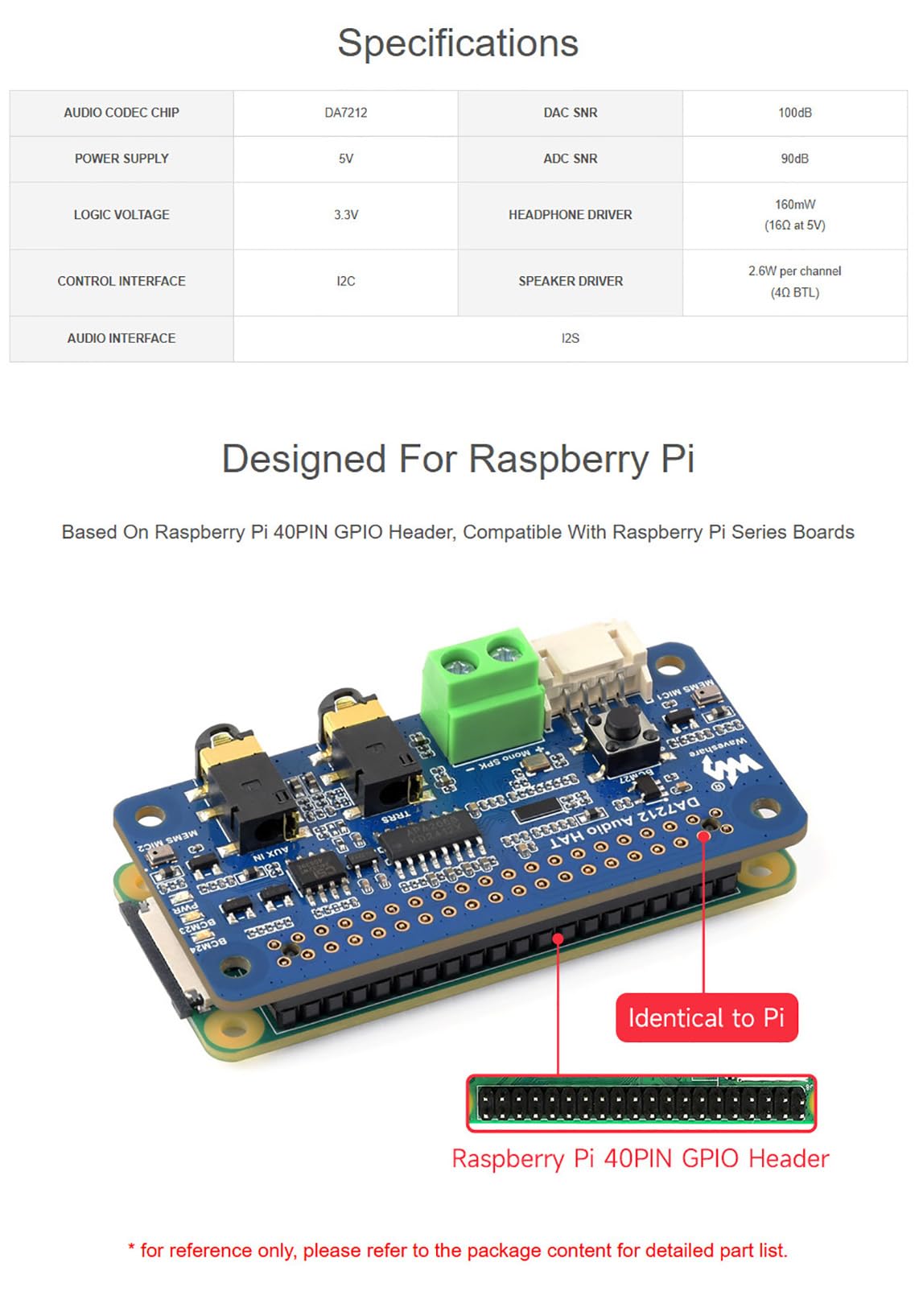 DA7212 I2S Audio Board Stereo Codec for Raspberry Pi, 96kHz 24-bit High Definition Audio, Onboard Dual Microphones, 3.5mm Jack & AUX Input, Speaker Terminal for Audio Recording and Playback HAT