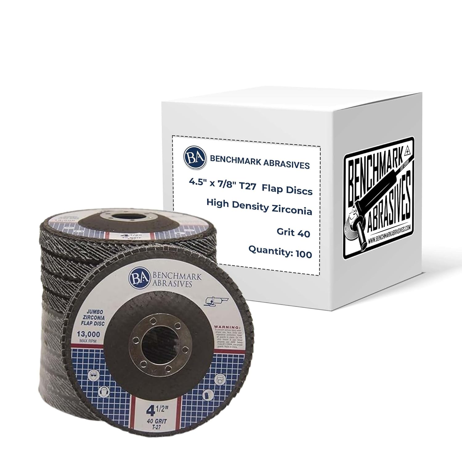 Benchmark Abrasives 4.5" x 7/8" Premium High Density Jumbo Zirconia Type 27 Flap Discs 4 1/2 for Angle Grinder, Sanding Discs, Finishing - Grinding Wheels 4 1/2 inch - (100 Pack) - 40 Grit