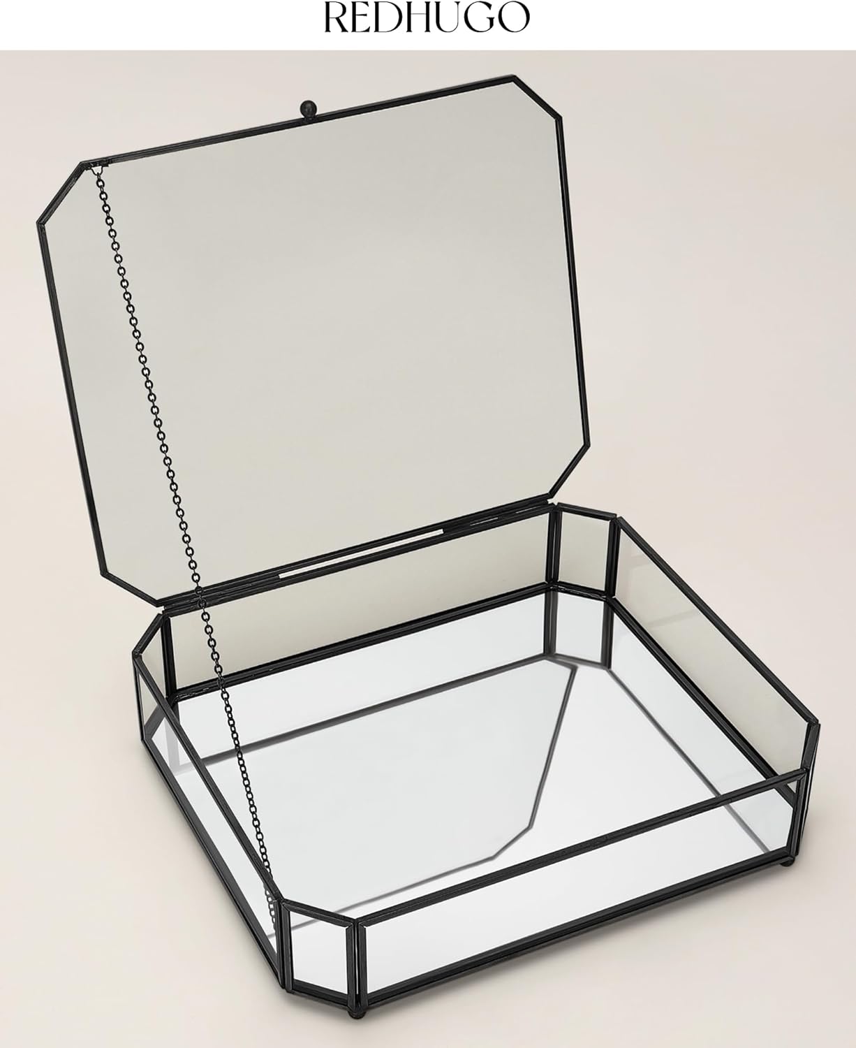 REDHUGO Large Glass Boxes for Display Handmade, Mirrored Bottom, Glass Jewelry Box with Lid, Trinket Box Book Photo Keepsake Organizer, Display Case for Vanity Decor Home Dresser, Octagon, Black