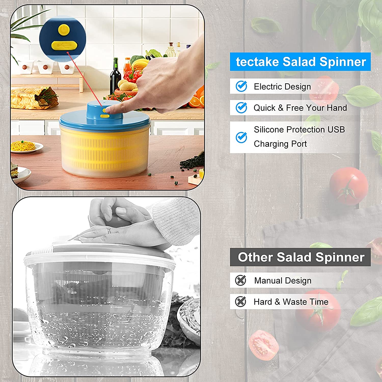Centrifugador eléctrico de ensalada – Secador de verduras de lechuga, recargable por USB, de secado rápido, con cuenco