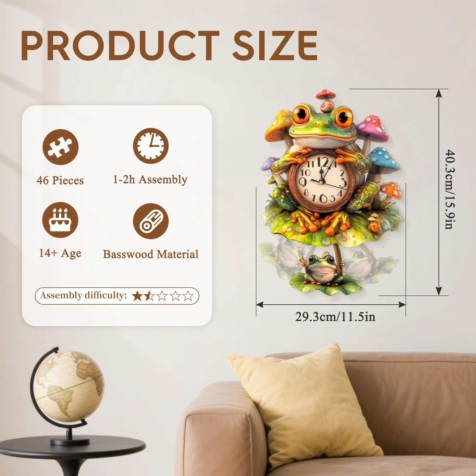 3D-Puzzles für Erwachsene, Frosch-Uhr mit funktionaler Uhr, 3D-Holzpuzzle (29,2 x 40,4 cm), Tier-3D-Puzzle, Schreibtisch/Wandkunst, Heimdekoration, Geschenke für Freunde/Familienspielabend