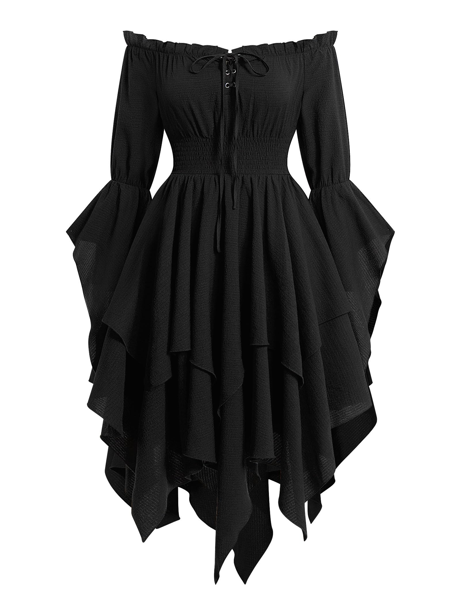 EFOGEP Womens Medieval Renaissance Dress Long Bell Sleeve Off Shoulder Asymmetry Hem Vintage Victorian Gothic Dresses for Costume Parties Festival Casual Black XXL