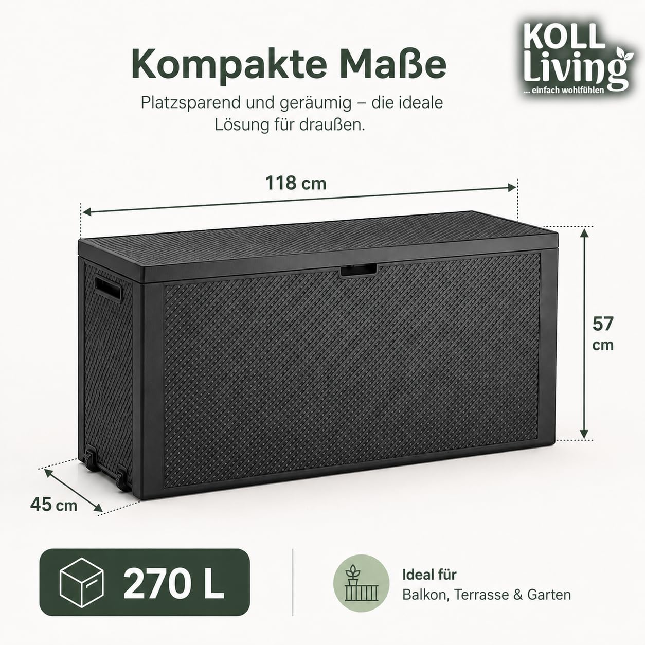 Koll Living Pudełko do przechowywania/poduszki 270 litrów – suche i dobrze wentylowane miejsce do przechowywania poduszek do siedzenia, sprzętu ogrodowego i zabawek dla dzieci – z uchwytami i kółkami