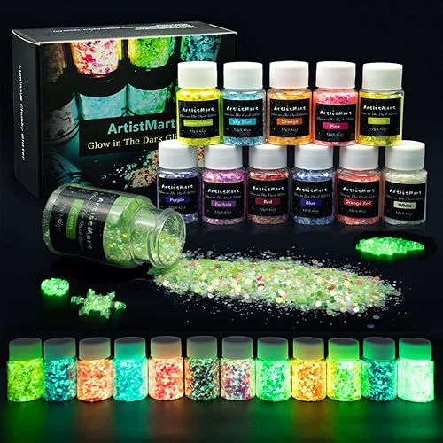Glow in The Dark Glitter, 12 Colors Chunky Glitter for Tumblers, High Luminous Holographic Glitters for Resin Crafts Epoxy Slime, Cosmetic Grade Nail Glitter Set for Face Body Skin