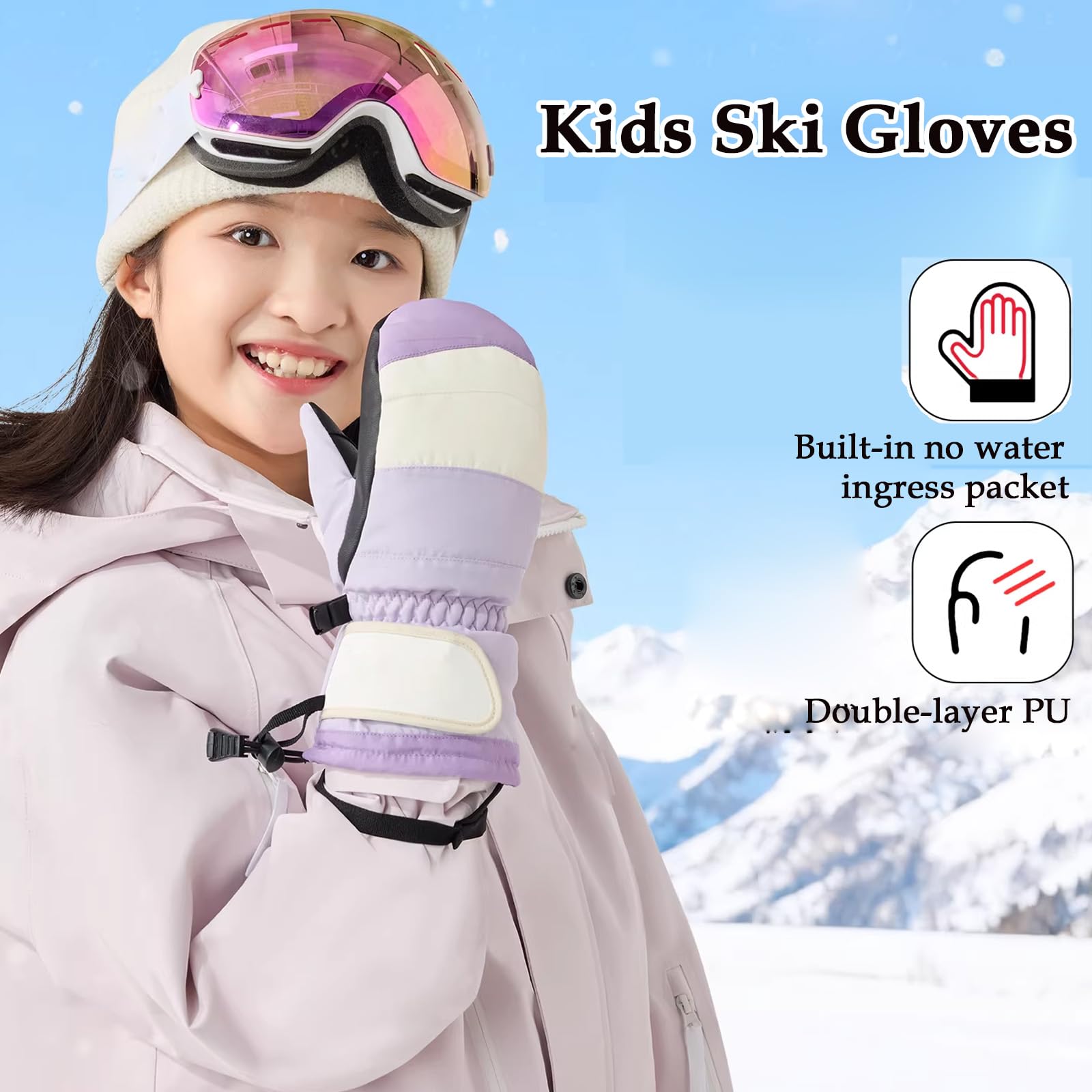 Guantes de Invierno Niños, Guantes de Nieve Impermeables, Manoplas térmicas, Guantes de Esqui, para Correr, Patinaje, Snowboard, Ciclismo,[a] Purple,S