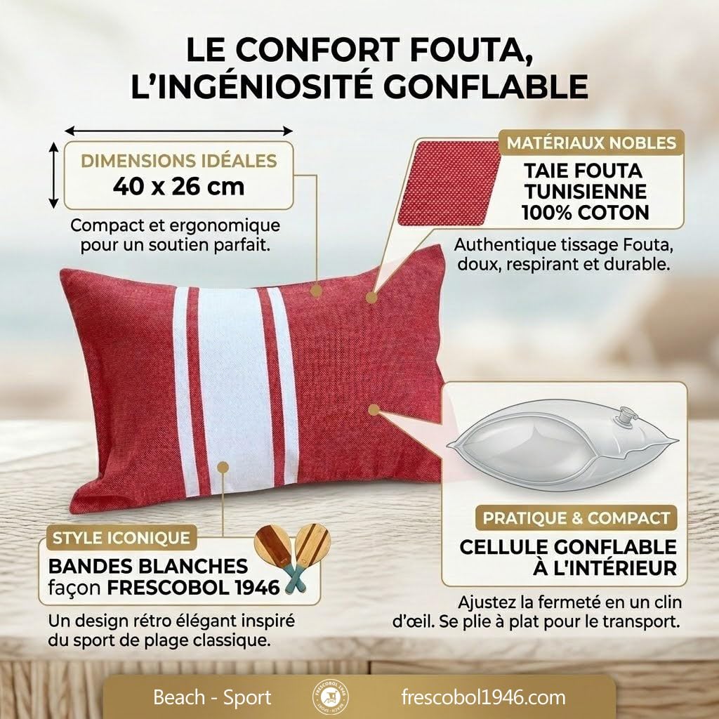Oreiller de Plage Gonflable en Fouta, 100% Coton, Rouge Pastel et Blanc, 40x26 cm, avec Coussin PVC Amovible