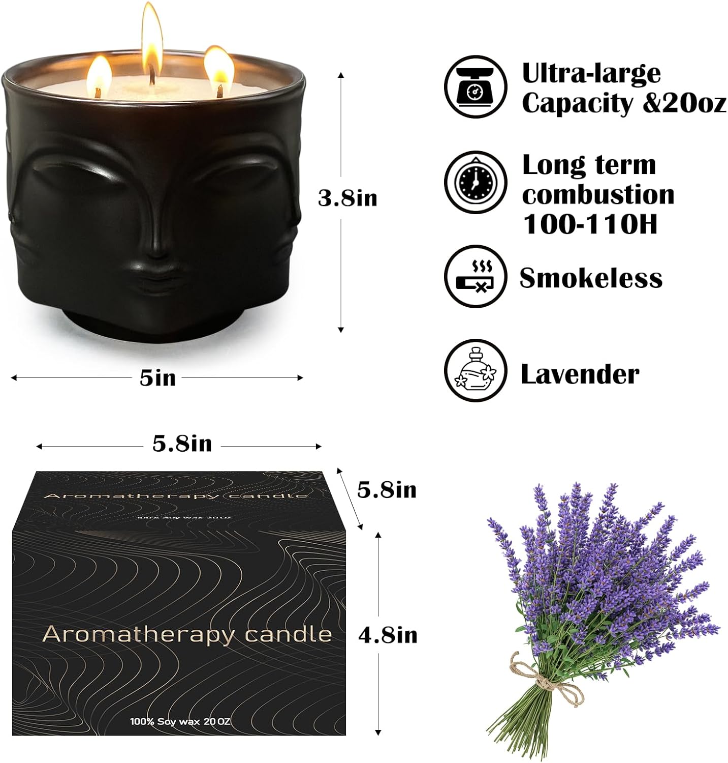 Strong Lavender 3 Wick Black Large Candle, 20oz, Ceramic, Outdoor Scented Candles, 100% Soy, for Home Scented, Yoga, Meditation, Patio, Table Decor, Beautiful Candle Jars