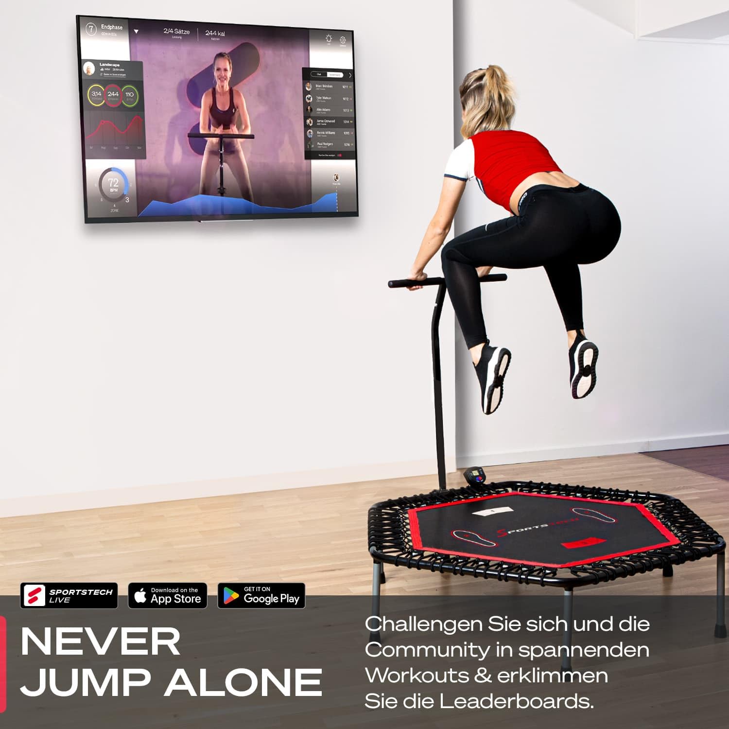 Sportstech HTX100 Trampolino pieghevole | Marchio di qualità tedesco | Trampolino fitness con maniglia | Jumping interno per bambini e adulti | TÜV/GS, contatore di salto, app | Supporto per cellulare
