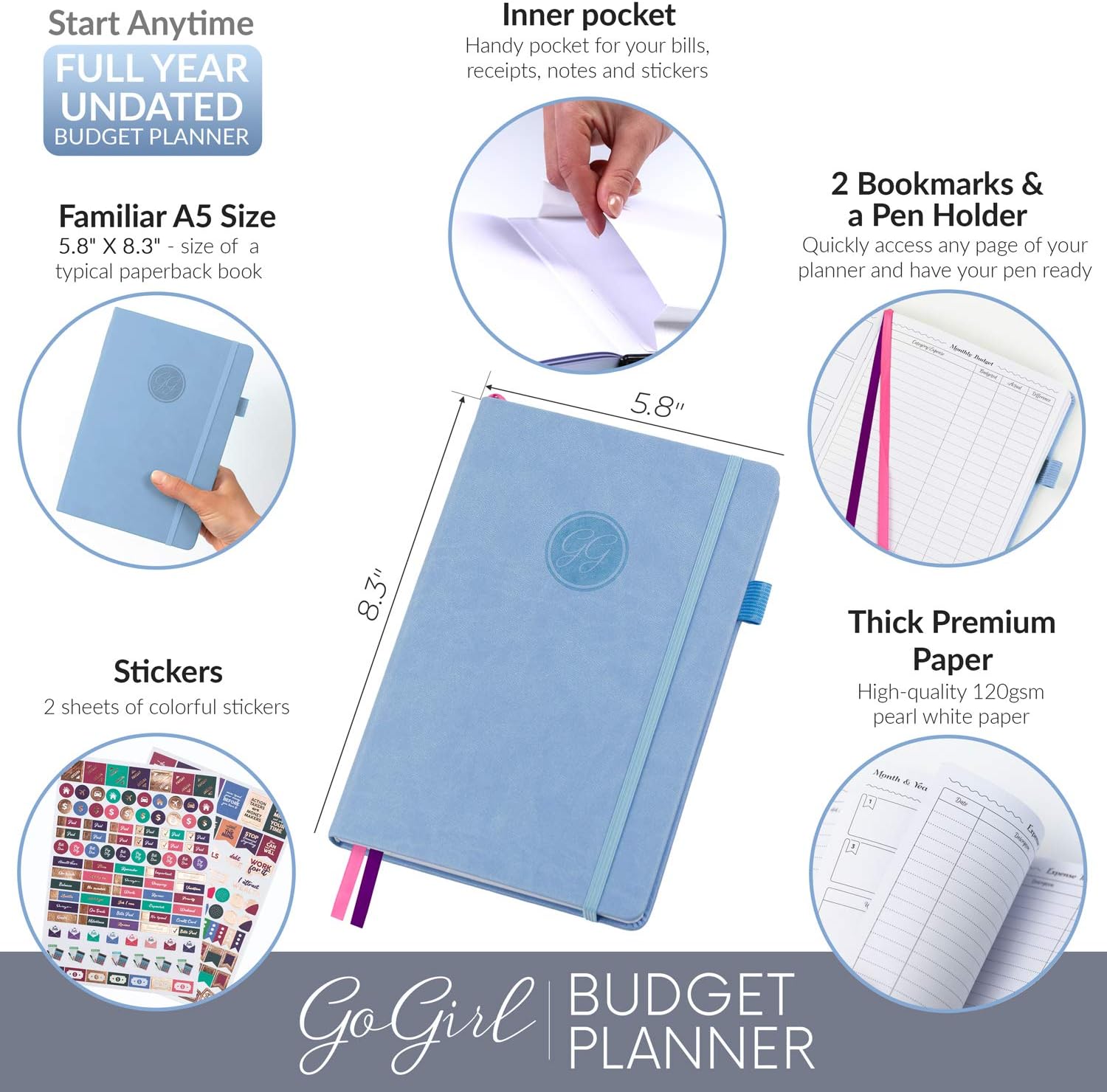 GoGirl Budget Planner – Monthly Financial Planner Organizer Budget Book. Expense Tracker Notebook Journal to Control Your Money. Undated – Start Any Time, A5 – 5.7" x 8.5", Lasts 1 Year – Light Blue : Office Products
