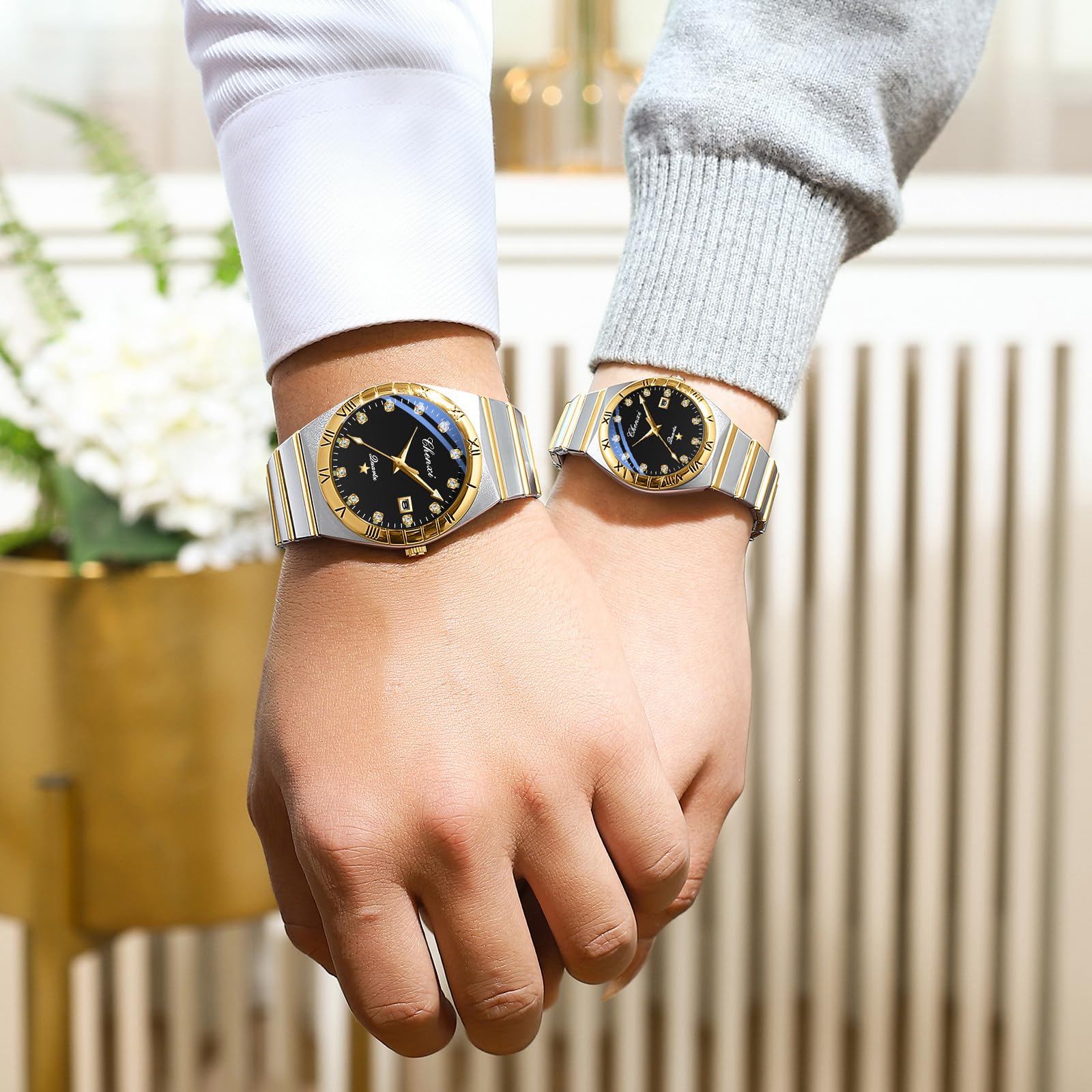 JewelryWe Para zegarków, świecący zegarek partnerski: 2 szt. 30 m, wodoszczelny, analogowy, kwarcowy, dla par, zegarek na rękę, stal nierdzewna, zegarek przyjaźni z cyframi rzymskimi, skalą strasu i