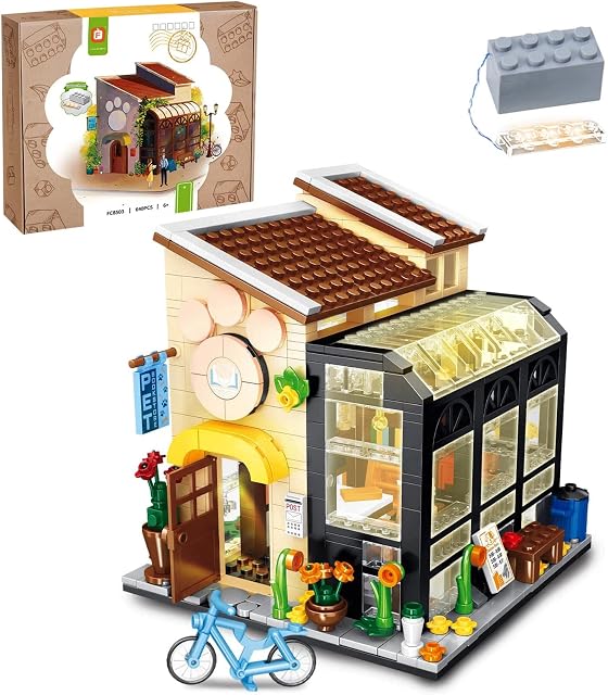 OundarM Bookshop Modular Building Set Toy, Pet Book Store Architecture House Building Block Kits with Light for Adults Kids Girls Boys, Street View Compatible with Lego- 640pcs